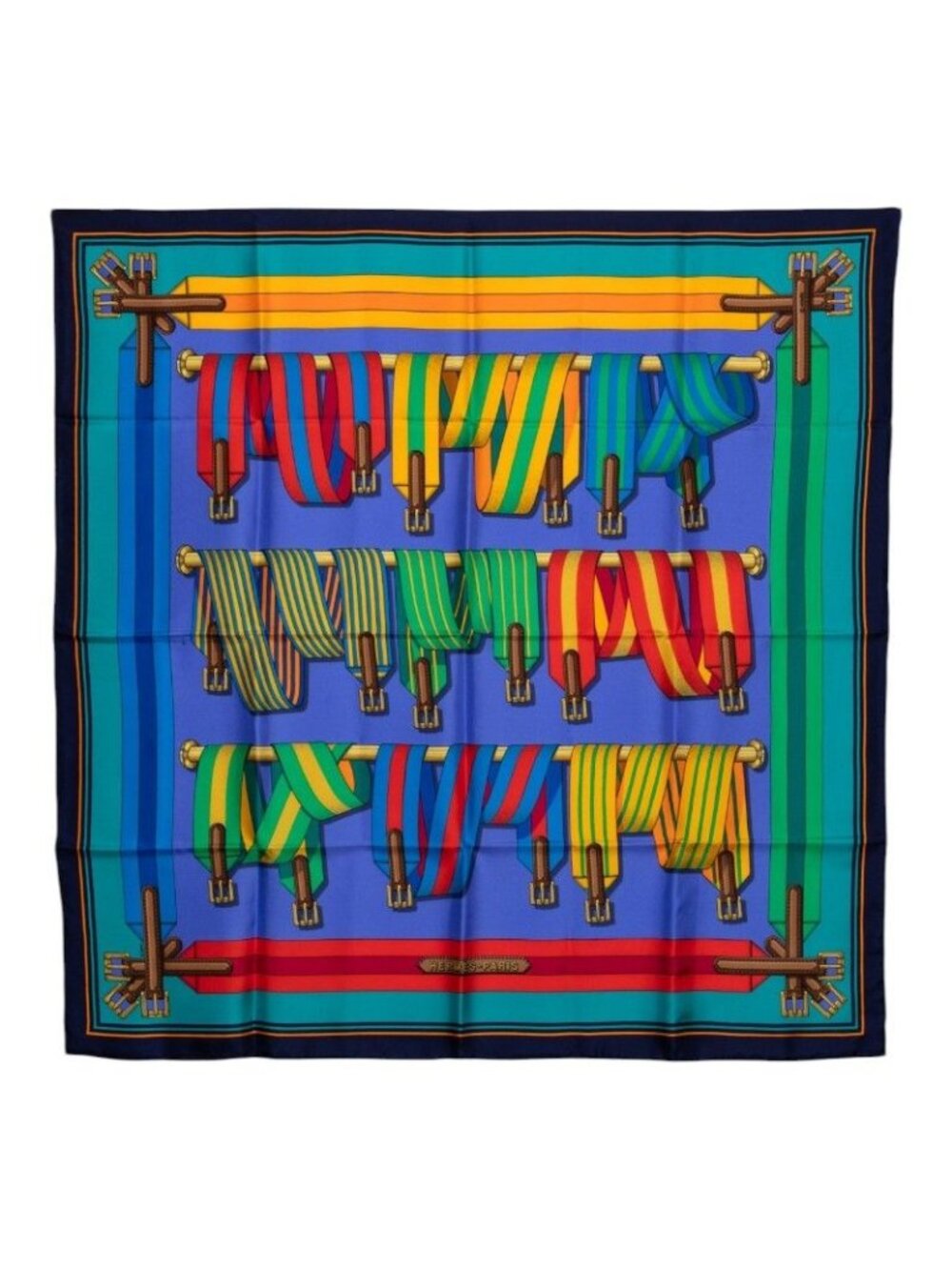 Hermes Carre 90 les Sangles Scarf Navy Blue Silk